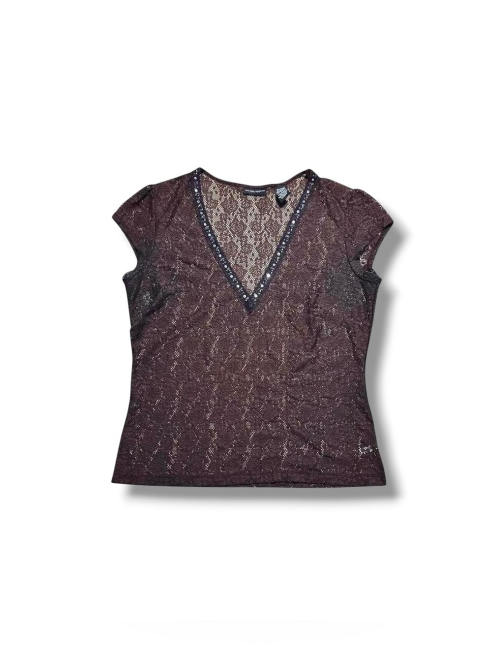 New York & Co Sheer Brown Lace Mesh Beaded Sequin V Neck Short Sleeve Top L 2000